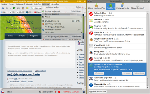 Mozilla Firefox a dialog správy doplňků